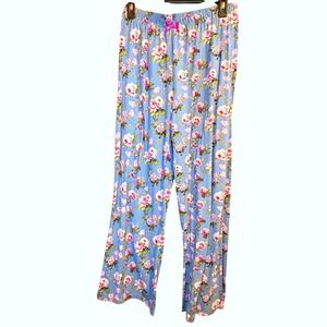 Sophie Sue Blue Pink Rose Floral Wide Leg Pajama Pants Medium Lounge Bottoms